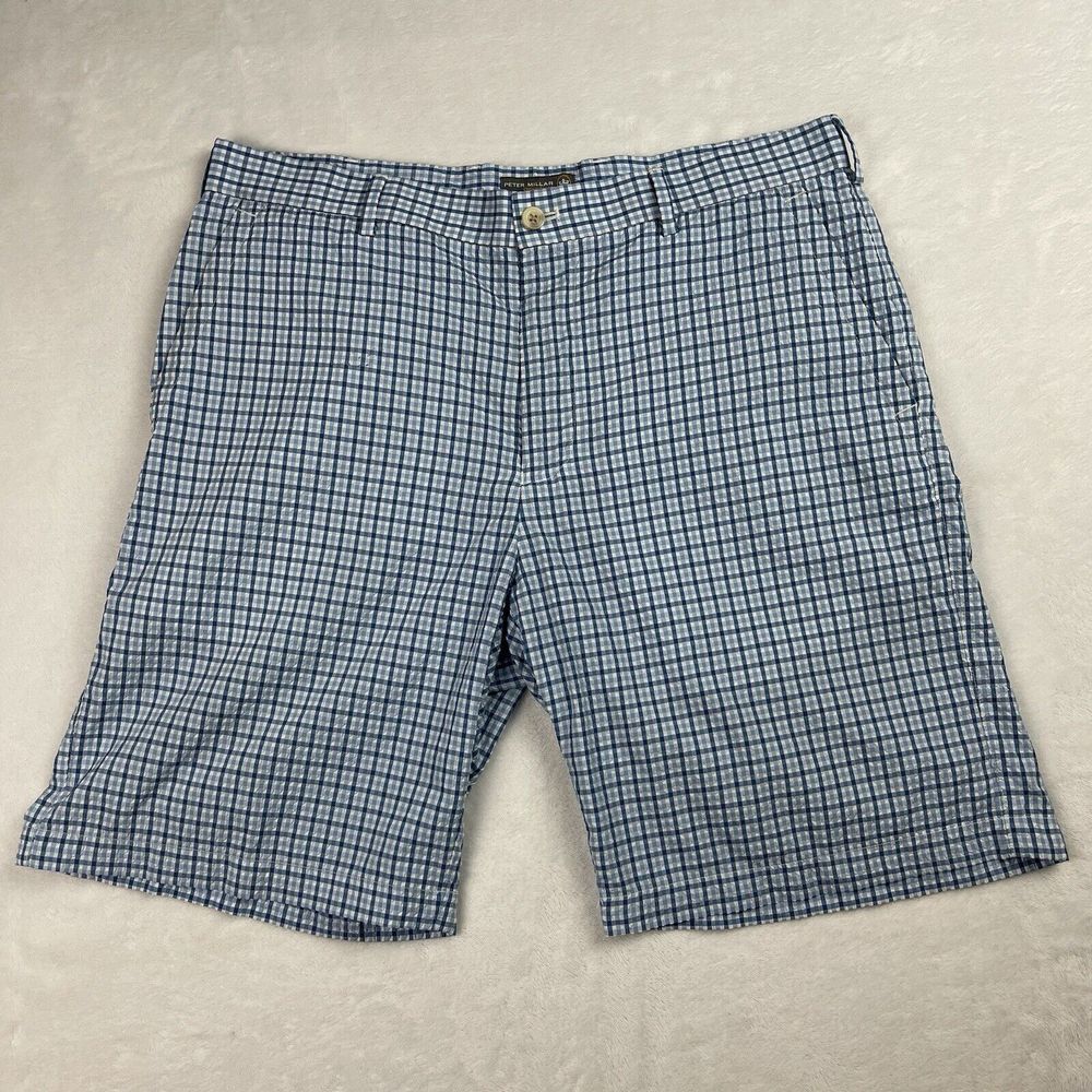 Peter Millar Crown Sport Mens Plaid Seersucker Golf Shorts Size 34 Blue Textured